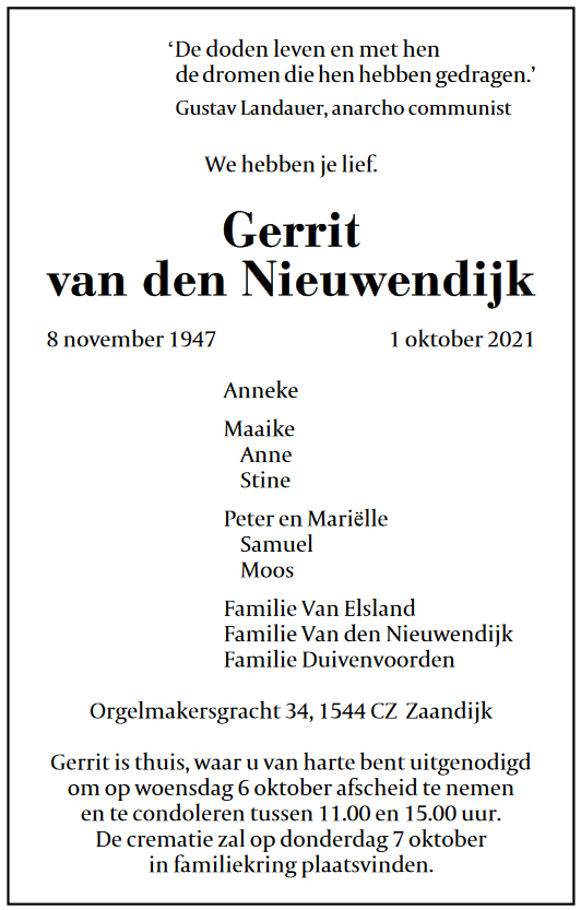 Rouwadvertentie Gerrit van den Nieuwendijk